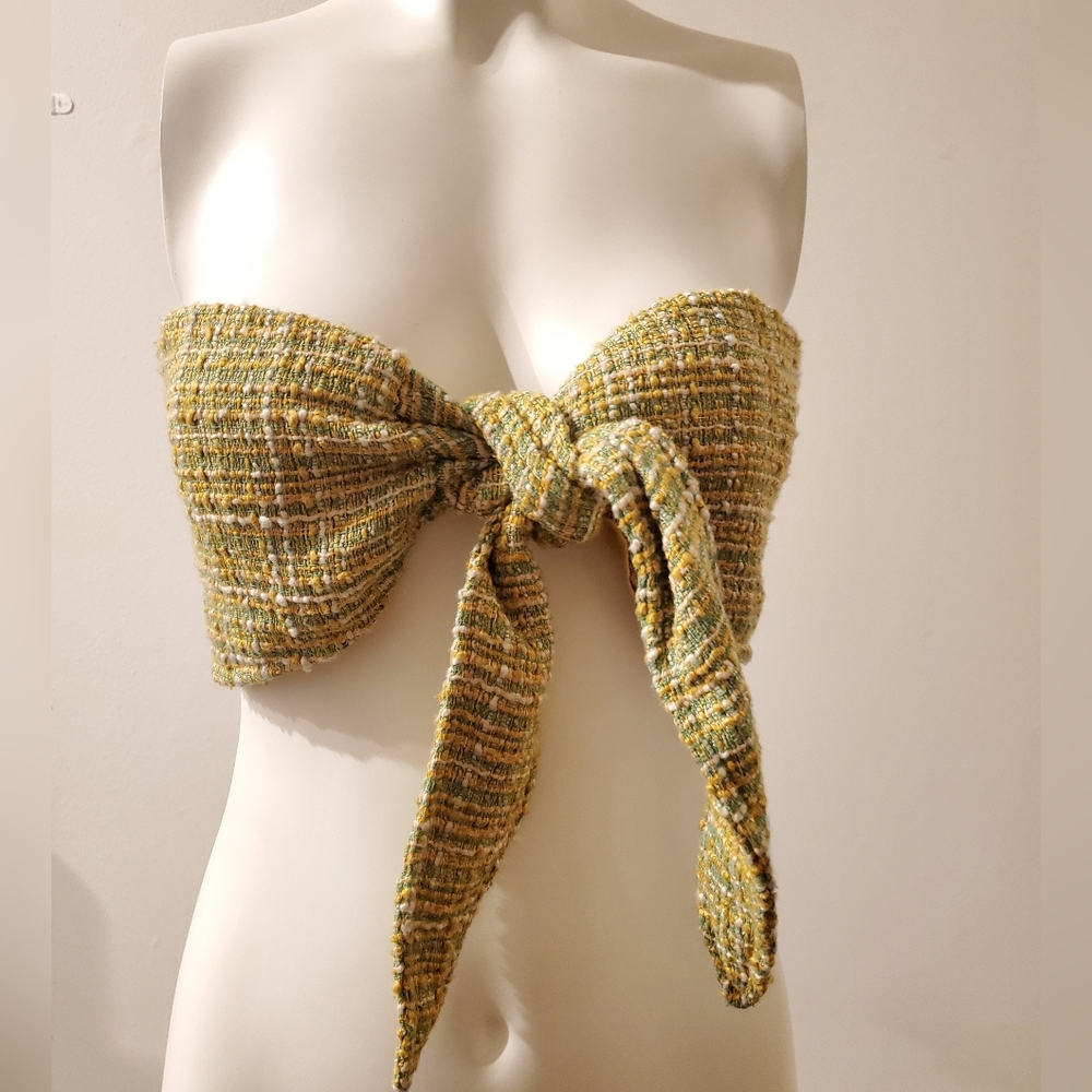 Kaylee Kollection Bando Yellow And Green Tweed Top Front Tie Size Small